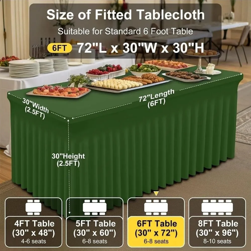 Olive Green Spandex Stretchy Tablecloth For 6ft Rectangular Table With Ruffles